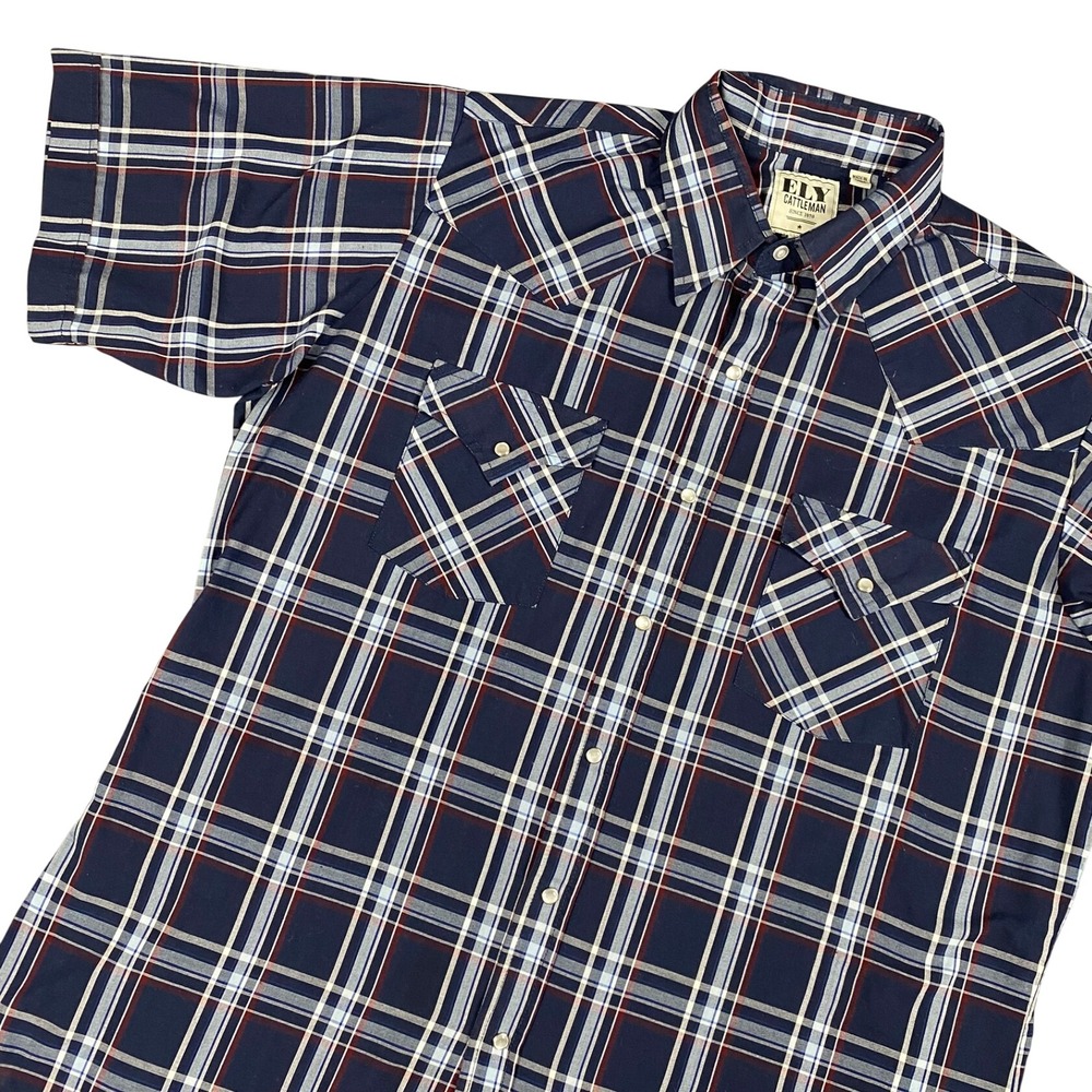 Ely Cattleman Mens Western Shirt L Navy Blue Plaid Short Sleeve Pearl Snap